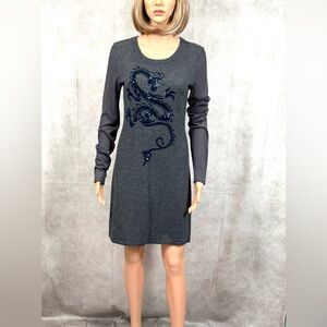 Gray Wool Long Sleeve Sheath Dress with Scoop Neck
